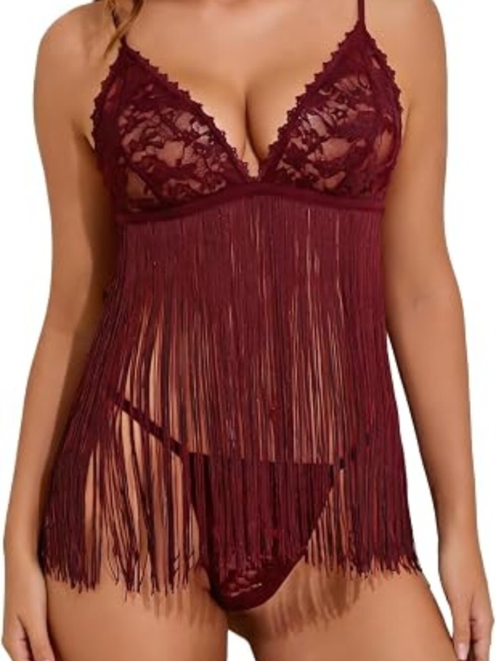 Sexy Women Lace Pajama Set Deep V-Neck Babydoll Matching Thong M